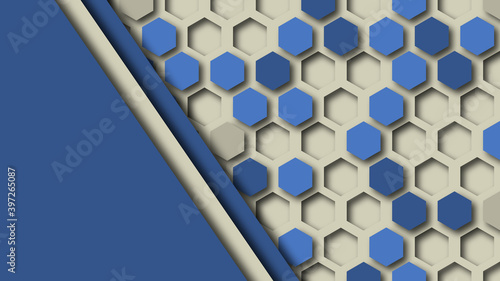 Layered background with hexagons in blue and gray colors. Geometric shapes with shadow in paper cut style