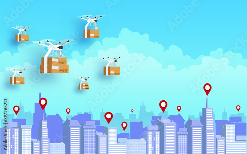 Delivery quadcopter carrying package against city background. Fast and convenient transportation logistic modern technology in new normal concept. Vector illustration Flat design.