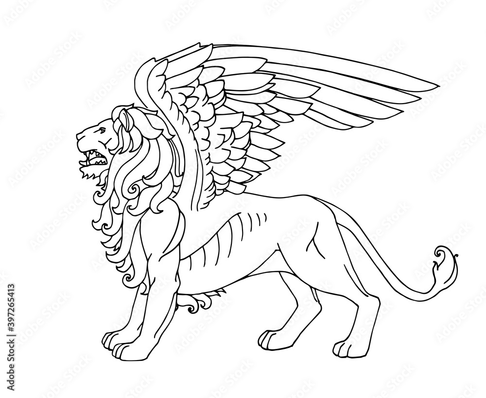 standing decorative lion with eagle wings, for ornament, logo, emblem
