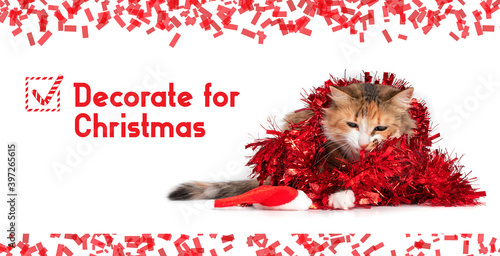 Cat playing with red tinsel garlands and text "decorate for Christmas" with a candy cane checkmark. Funny take on a to-do list or checklist for Christmas. Xmas animal theme. © Petra Richli