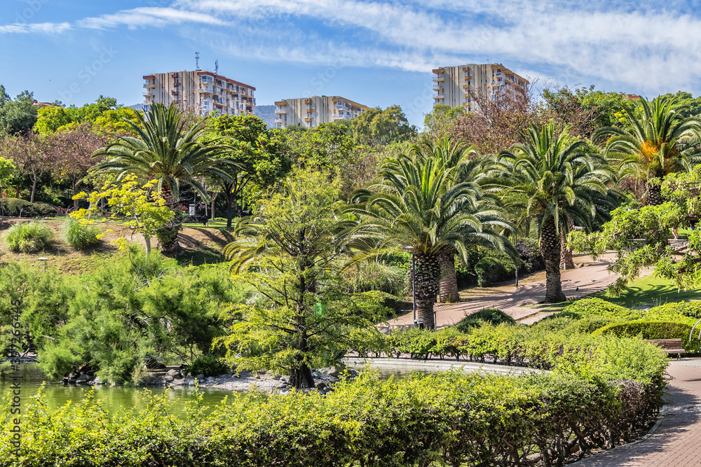 Fototapeta premium View of the beautiful public Paloma Park (Parque De La Paloma) in Benalmadena. Benalmadena - most popular holiday towns on the Costa Del Sol. Andalusia, Spain.