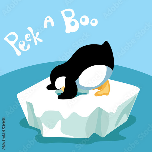 Peek a boo card. Cute cartoon penguin is bending over a hole in the ice and does not see that the melting iceberg is drifting into the sea. Vector illustration.