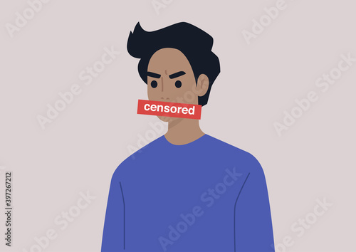 Young angry male character expressing their emotions with swearwords, insulting words concept