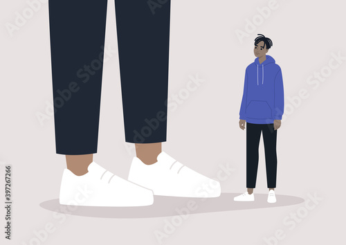 Equality problem: a male character standing next to a giant, racism at work