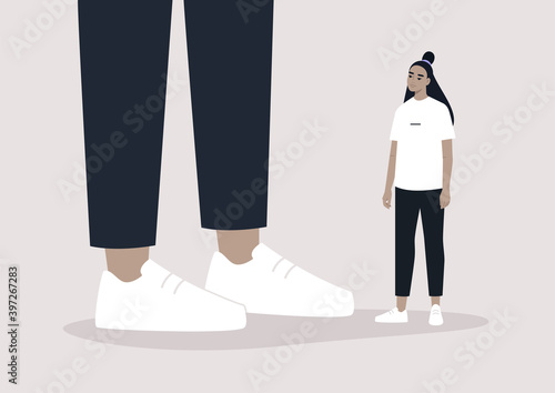 Equality problem: a female Asian character standing next to a giant, sexism, racism, and misogyny at work
