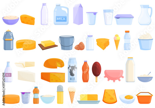 Dairy icons set. Cartoon set of dairy vector icons for web design