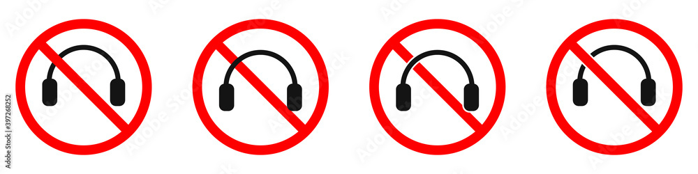 Headphones are forbidden. Stop headphones icon set. No headphones sign Headphones are forbidden. Stop headphones icon set. No headphones sign