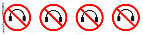 Headphones are forbidden. Stop headphones icon set. No headphones sign