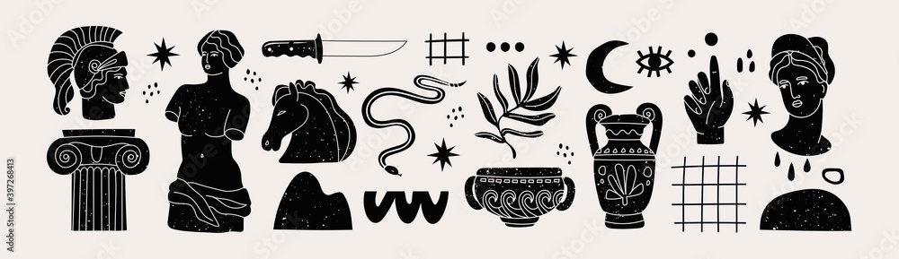 Naklejka premium Various Antique statues, branch, amphora, column. Different objects. Mythical, ancient greek or roman style. Hand drawn Vector illustration. Classic statues in modern style. All elements are isolated