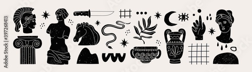 Various Antique statues, branch, amphora, column. Different objects. Mythical, ancient greek or roman style. Hand drawn Vector illustration. Classic statues in modern style. All elements are isolated photo