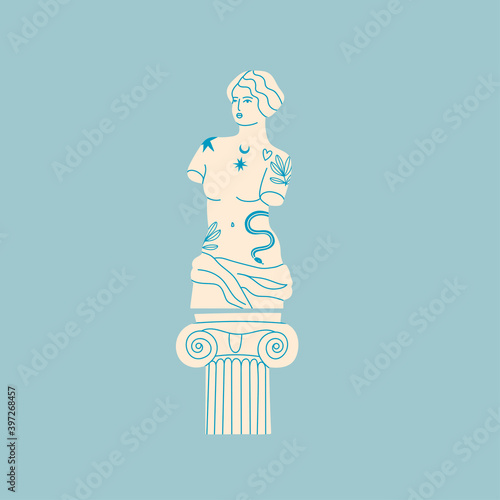 Marble statue of Venus on the column. Greek ancient statue with modern Tattoos. T-shirt print design template. Hand drawn trendy Vector illustration. Isolated on blue