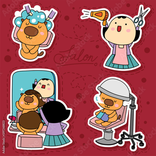 Four cartoon characters, at the salon, hairdresser