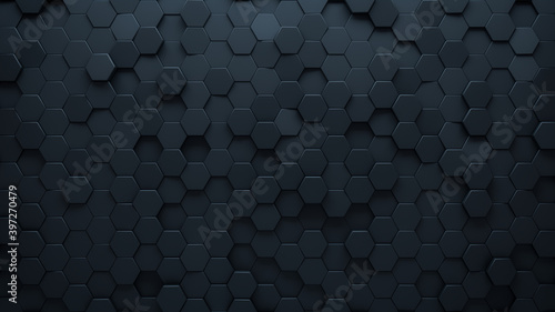 Futuristic, High Tech, dark background, with a hexagonal cellular structure. Wall texture with a 3D hexagon tile pattern. 3D render photo