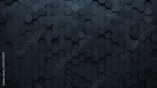 Futuristic, High Tech, dark background, with a hexagonal cellular structure. Wall texture with a 3D hexagon tile pattern. 3D render