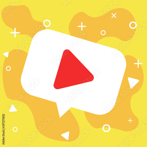 Video flat vector icon, red triangle on speech bubble without outline. Online video streaming service icon vector template.