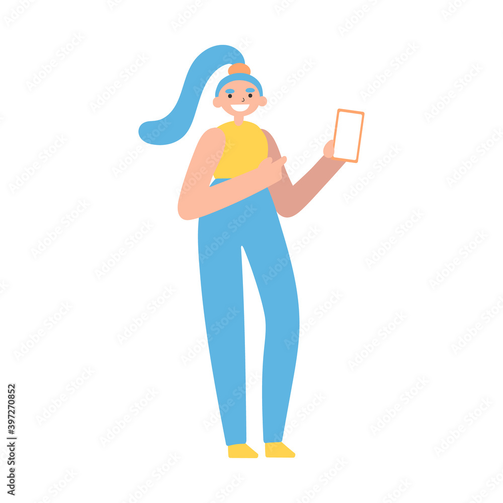 Vector flat illustration with doodle woman with a device. Girl holds a smartphone and smiles. Design of a modern female character with a mobile device
