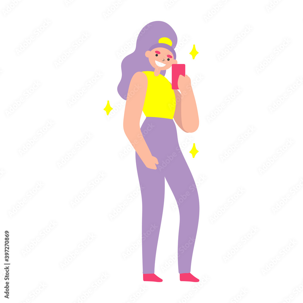 Vector flat illustration with doodle woman with a device. Girl takes selfie on smartphone and smiles. Design of a modern female character with a mobile device