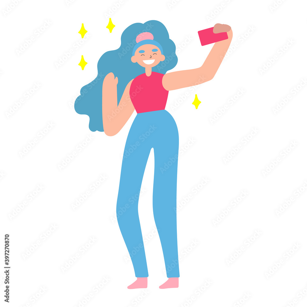 Vector flat illustration with doodle woman with a device. Girl takes selfie on smartphone and smiles. Design of a modern female character with a mobile device
