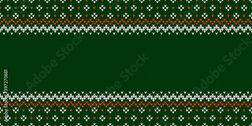 Ugly Christmas Sweater Party. Wide background. Knitwear texture. Template with empty place for text. Traditional seasonal seamless pattern for holiday design. Winter knitted wool vector illustration.