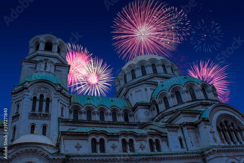Celebratory fireworks for new year over Alexander Nevsky Cathedral, Sofia - Bulgary during last night of year. Christmas atmosphere