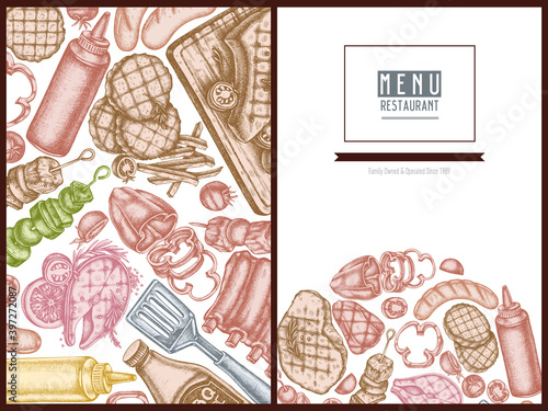 Menu cover design with pastel spatula, Pork ribs, kebab, sausages, steak, sauce bottles, grilled burger patties, grilled tomato, grilled salmon steak, grilled bell pepper
