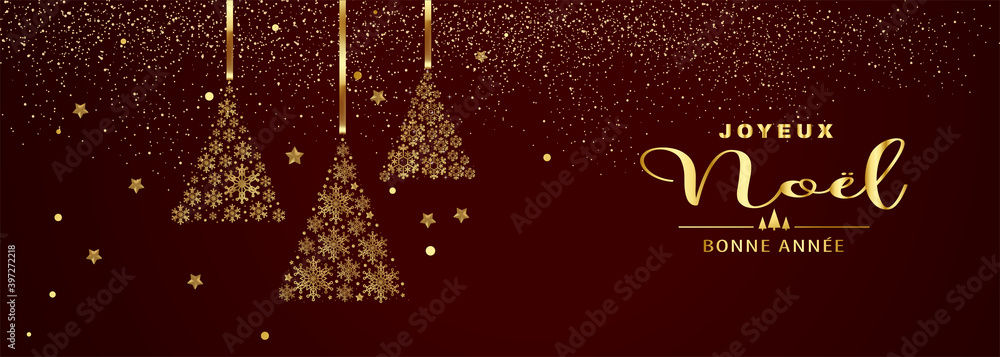 carte ou bandeau sur Joyeux Noël et Bonne Année en or sur un fond marron  bordeaux