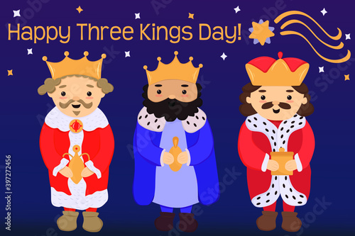 cute cartoon Three Kings prince character with the beard and crown holding golden gifts Vector illustration clip art isolated on white background. Clip for Epiphany, Three Kings day, Dia de las magos,