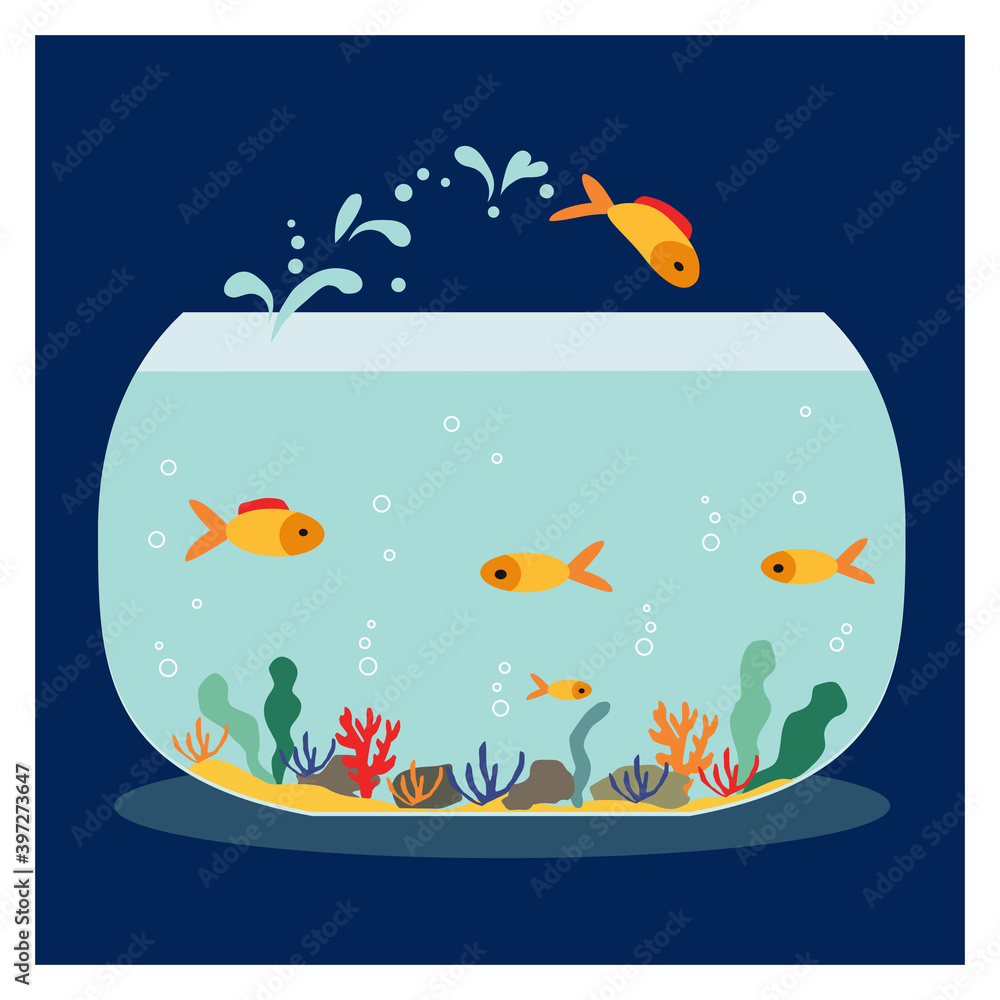 Obraz premium Goldfish jumping out one fishbowl. Aquarium with swimming gold exotic fish. Underwater aquarium habitat with sea plants. Flat vector drawn illustration, isolated objects.