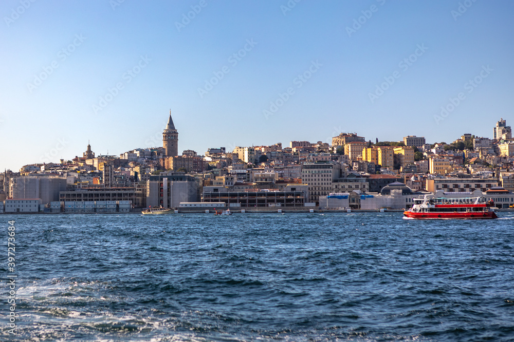 Istanbul, Turkey - September 2020: Panorama with Galata Tower, built in the 14th century by the Genoese colony as part of the defense wall, now touristic attraction and city landmark