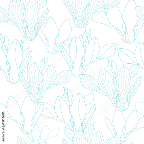 Seamless pattern with magnolia. Hand drawn floral background. Artwork for textiles, fabrics, souvenirs, packaging and greeting cards.