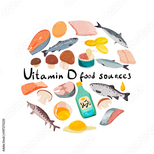 Vitamin D food sources information banner vector illustration. Omega 3 medical banner. Different fishes set in cartoon style isolated on white. Healthy diet concept art.