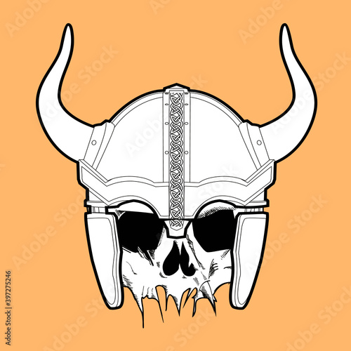 Vector illustration of a skull with viking helmet on orange background. Design to accompany epic texts
