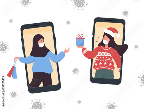 Christmas video call. Girlfriends in face masks sharing gifts online. New Year online party. Women celebrating holidays on video chat. Merry and safe. Vector illustration in flat cartoon style.