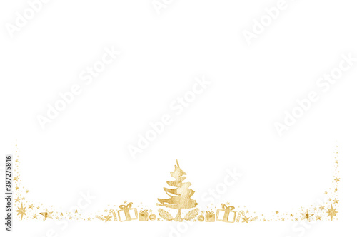 Watercolor Paint Christmas ornaments card frame Pine center and stars gold Metallic Elegant handmade painting bush