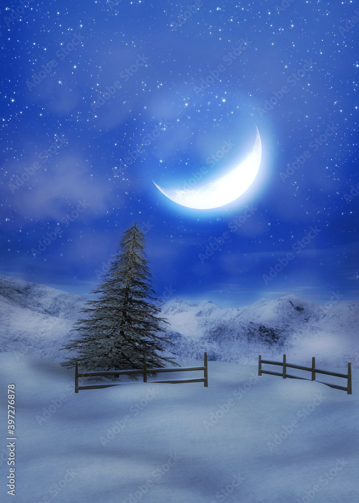 Naklejka premium 3d Moonlit winter mountain landscape