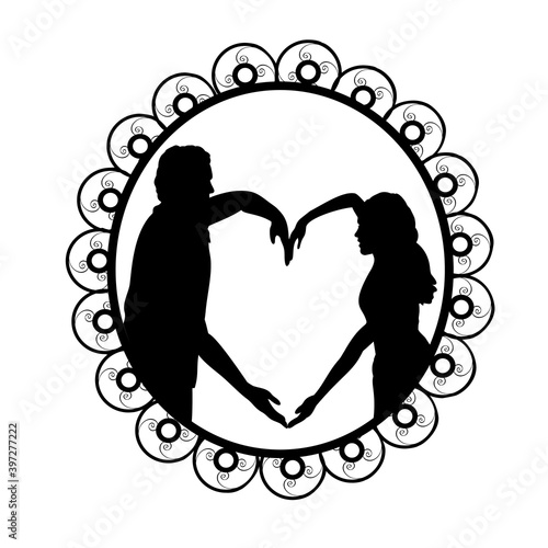 Silhouette in frame of couple in love depicting heart