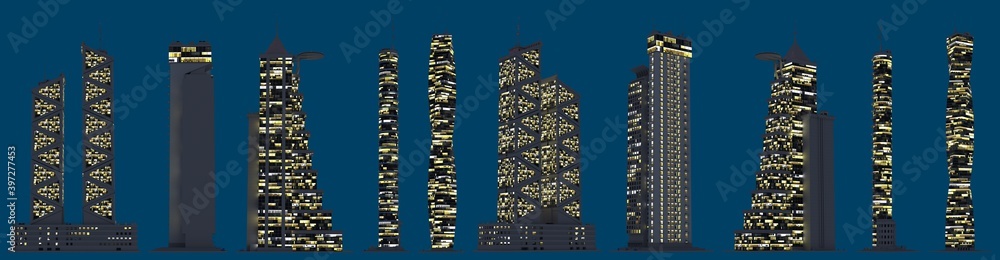modern fictional towers at night with lights turned on, isolated side view metropolis life concept - 3d illustration of skyscrapers