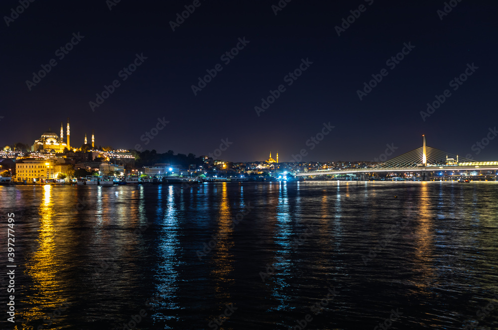 Istanbul, Turkey - September 2020: night panorama with a view of Haliç Metro Bridge in Istanbul city