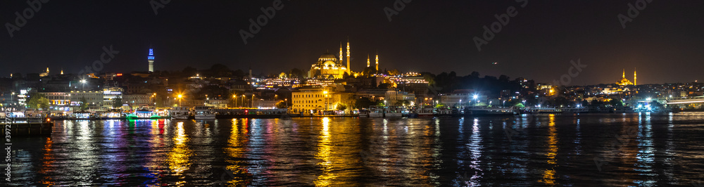 Istanbul, Turkey - September 2020: panoramic view of Istanbul and Suleymaniye Mosque by night
