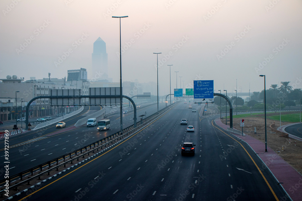 Foggy morning in Dubai city. UAE. Outdoors