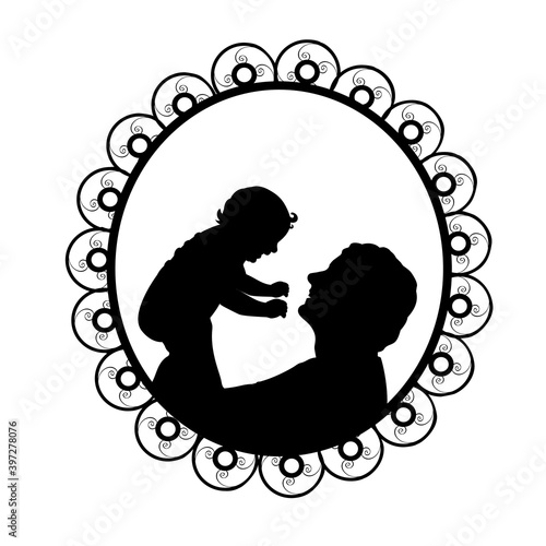 Silhouette in frame father holding newborn baby in air