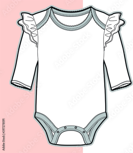 Baby Bodysuit Flat Sketch. Kid's Fashion Flat Sketch. vector illustration design template