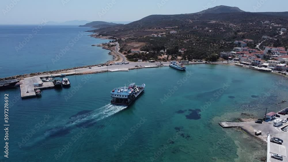 Aerial panoramic view of Elafonisos village and port over the Laconian gulf in Peloponnese, Greece. Aerial panoramic view of Elafonisos village and port over the Laconian gulf in Peloponnese, Greece.