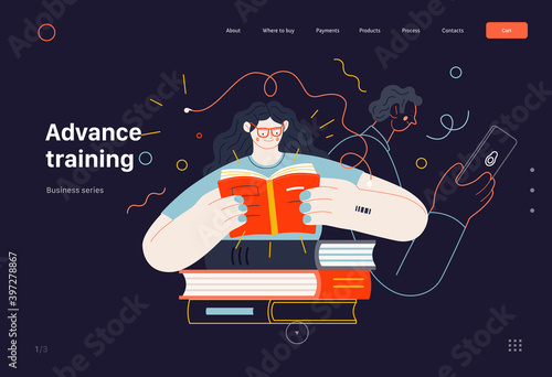 Business topics - advance training, education, skill development, web template. Flat style modern outlined vector concept illustration. Man and woman reading books. Business metaphor.