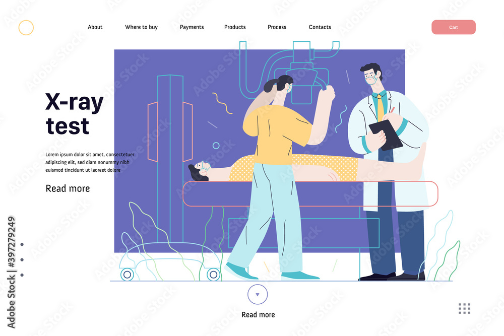 Medical tests template - x-ray test - modern flat vector concept digital illustration of x-ray procedure - a patient and doctors with a x-ray machine, medical office or laboratory Medical tests template - x-ray test - modern flat vector concept digital illustration of x-ray procedure - a patient and doctors with a x-ray machine, medical office or laboratory