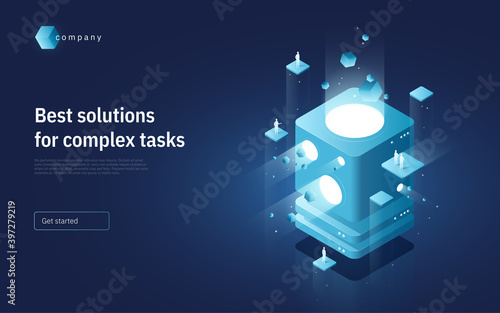 Abstract isometric vector illustration on the subject of technologies, data, processes, platforms, services. Landing page template