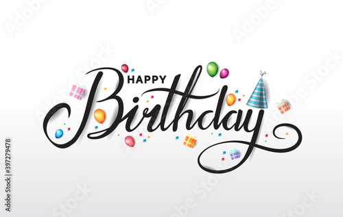 happy birthday typography black color vector design with birthday party element isolated on white background can be use for background, poster and template