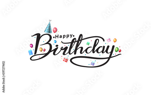 happy birthday typography black color vector design with birthday party element isolated on white background can be use for background, poster and template
