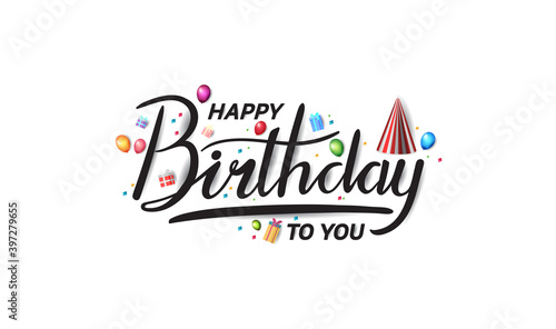 happy birthday typography black color vector design with birthday party element isolated on white background can be use for background, poster and template