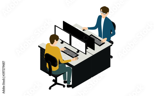 デュアルモニターでパソコン作業をする人たち　アイソメトリック